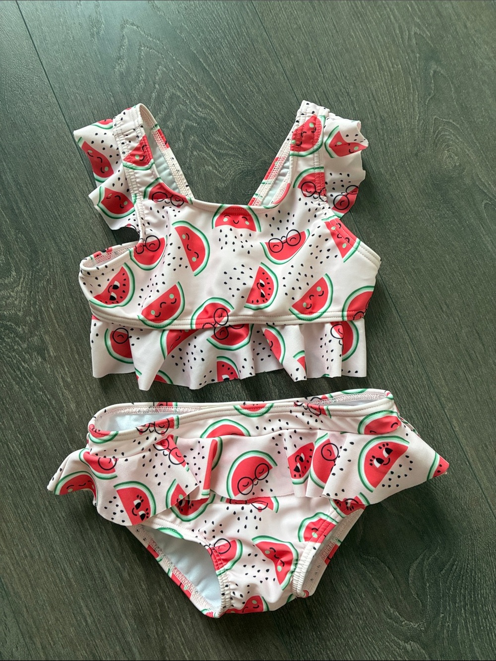 Girls Watermelon Ruffle Two-Piece Swim Set - White & Pink